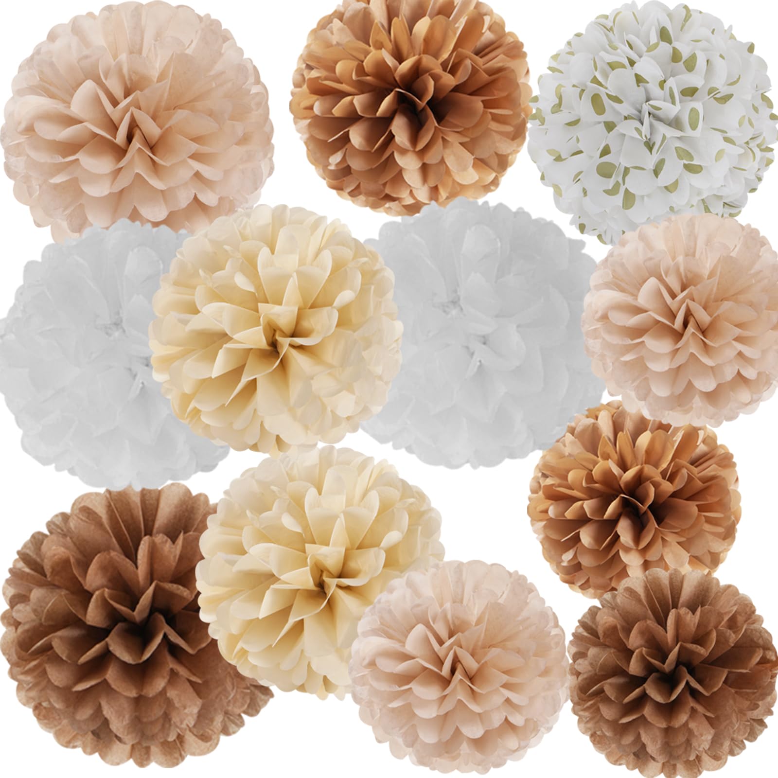 Boho Baby-Shower Party-Decorations Tissue Pom-Poms - 12pcs Neutral Rainbow Birthday Wedding Bridal Paper Flowers Streamers,White Brown Champagne Engagement Bachelorette Christmas Decor Ouruola