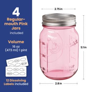 Wallaby 16oz Regular Mouth Pink Mason Jars with Lid & Seal Bands - Airtight Glass Container for Canning, Pickling, Food Storage, Candles, Home Decor, Overnight Oats, Fruit, Jam, Jelly or DIY (4-Pack)