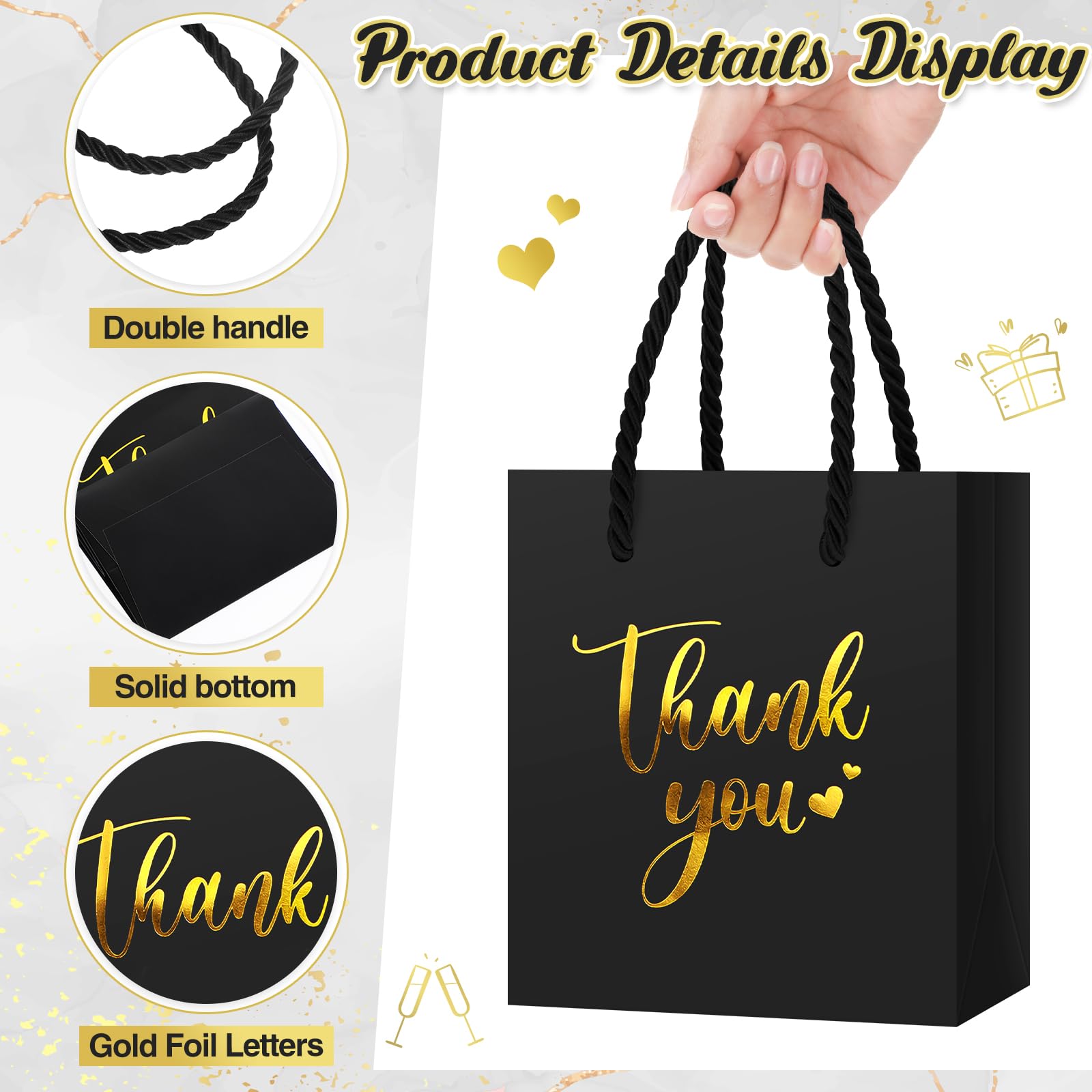 Honoson 30 Pcs Mini Gift Bag with Handle 4 x 2.75 x 4.5'' Small Thank You Paper Bag Foil Gift Bag Wedding Wrap Bag Halloween Birthday Christmas Thanksgiving Party Favor Bag(Black/Gold)