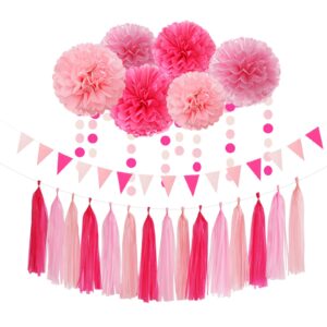 rose hot pink party decorations - 23pcs girl birthday baby shower tissue pom poms streamers, bachelorette bridal wedding engagement supplies tassel garland banner,valentines day favors decor ouruola