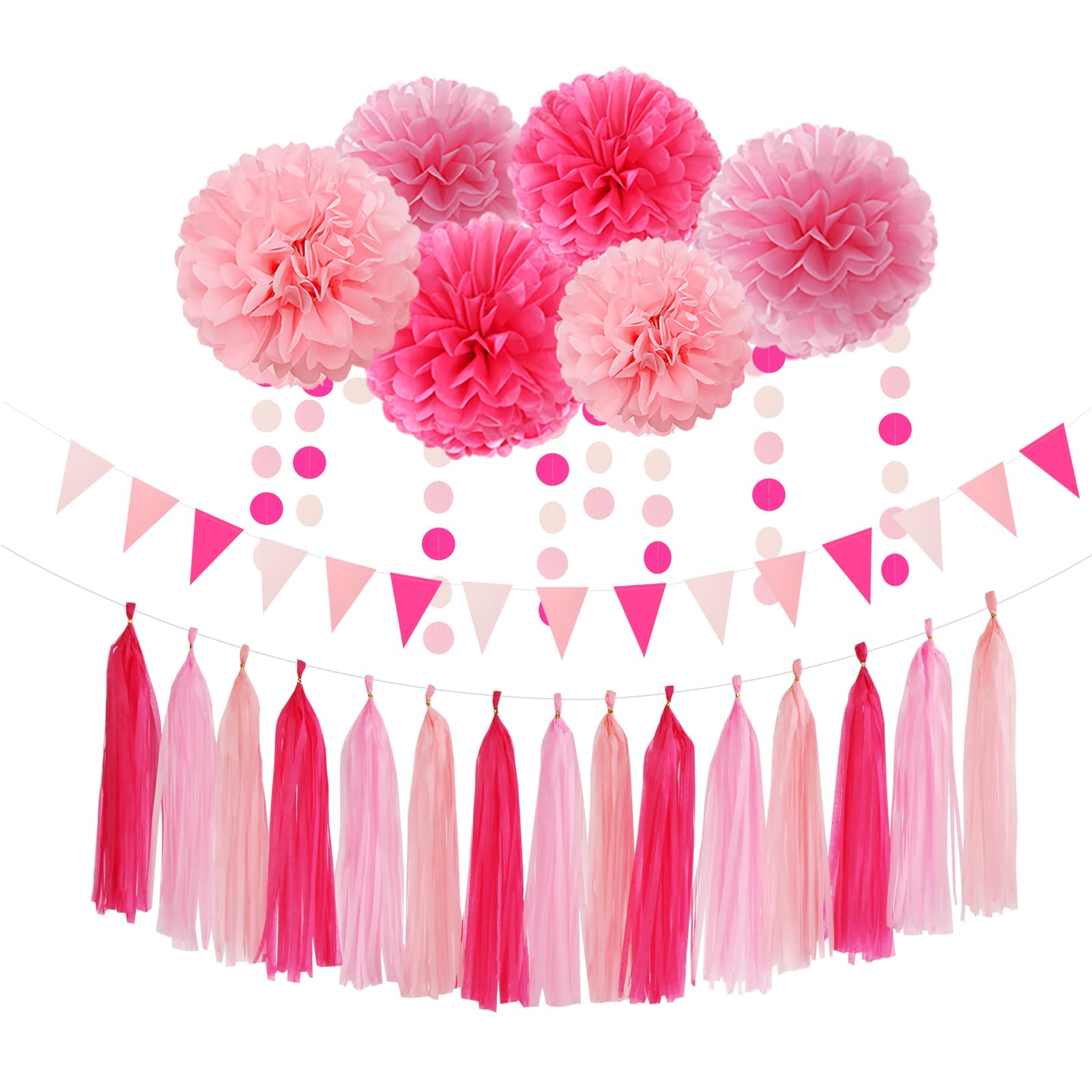 Rose Hot Pink Party Decorations - 23pcs Girl Birthday Baby Shower Tissue Pom Poms Streamers, Bachelorette Bridal Wedding Engagement Supplies Tassel Garland Banner,Valentines Day Favors Decor Ouruola