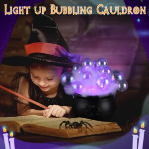 Liliful Light up Bubble Cauldron DIY Set, 7.68" Black Plastic Witches Cauldron with Handle 24 Pcs Clear Plastic Balls and String Light Halloween Cauldron Candy Bowl for Halloween Decorations (Purple)