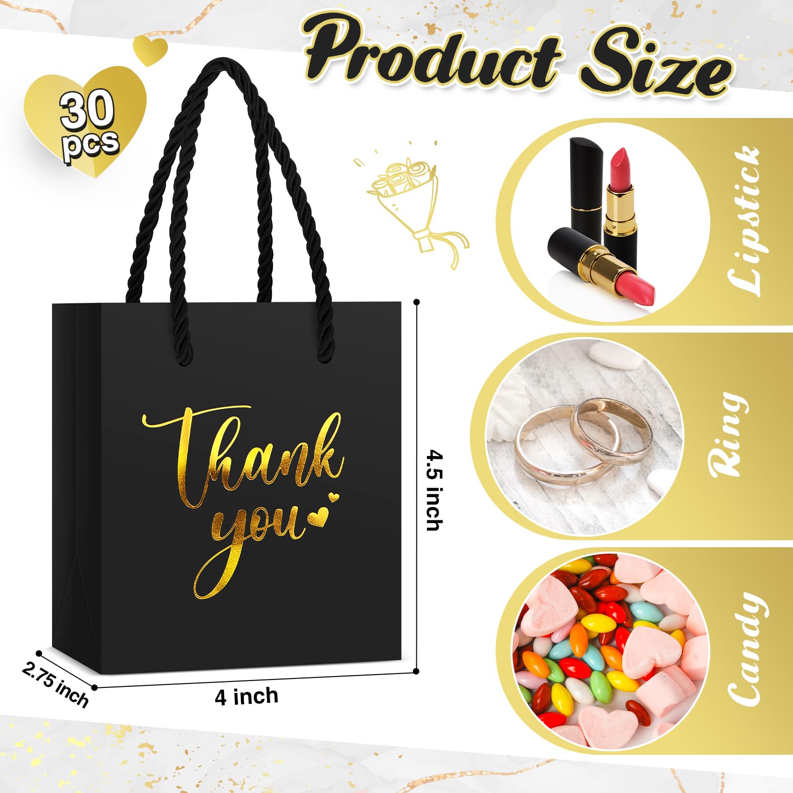 Honoson 30 Pcs Mini Gift Bag with Handle 4 x 2.75 x 4.5'' Small Thank You Paper Bag Foil Gift Bag Wedding Wrap Bag Halloween Birthday Christmas Thanksgiving Party Favor Bag(Black/Gold)