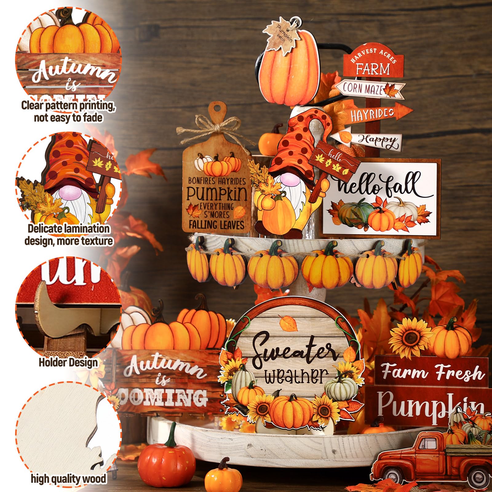 16 Pcs Fall Tiered Tray Decor Pumpkin Gnome Truck Wooden Signs Fall Table Decorations Centerpieces Farmhouse Thanksgiving Decor for Home Autumn Harvest Table Shelf Decor