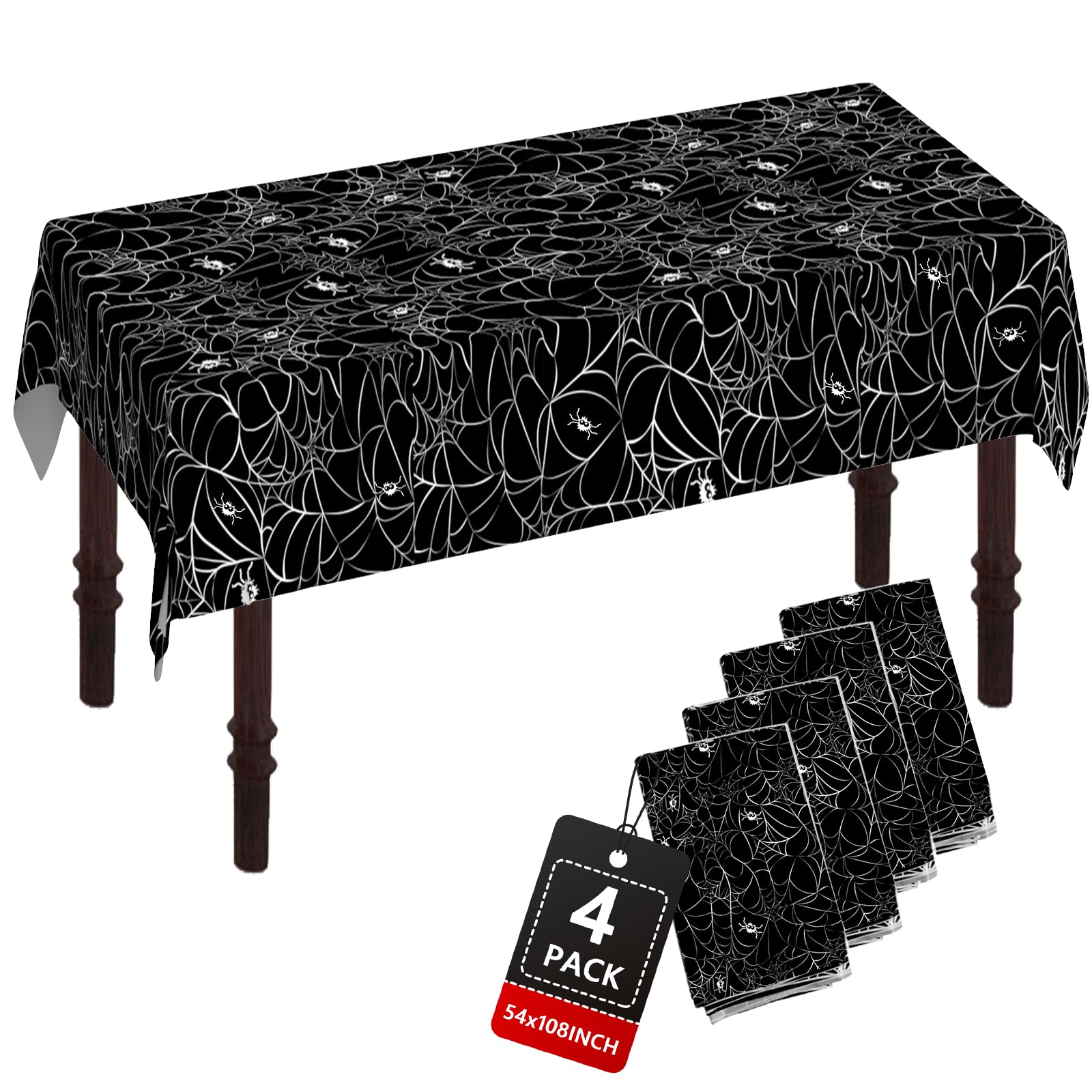 ATFUNSHOP Halloween Tablecloth Plastic 4PACKS 54 X 108 Rectangular Black Spider Web Disposable Table Cover Waterproof Spillproof Table Cloth