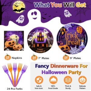 SCIONE 96 Pcs Halloween Party Supplies, Purple Halloween Plates and Napkins Trick Or Treat Tableware Set, Happy Halloween Holiday Pumpkin Ghost Dinnerware Party Decorations Serve 24 Guests