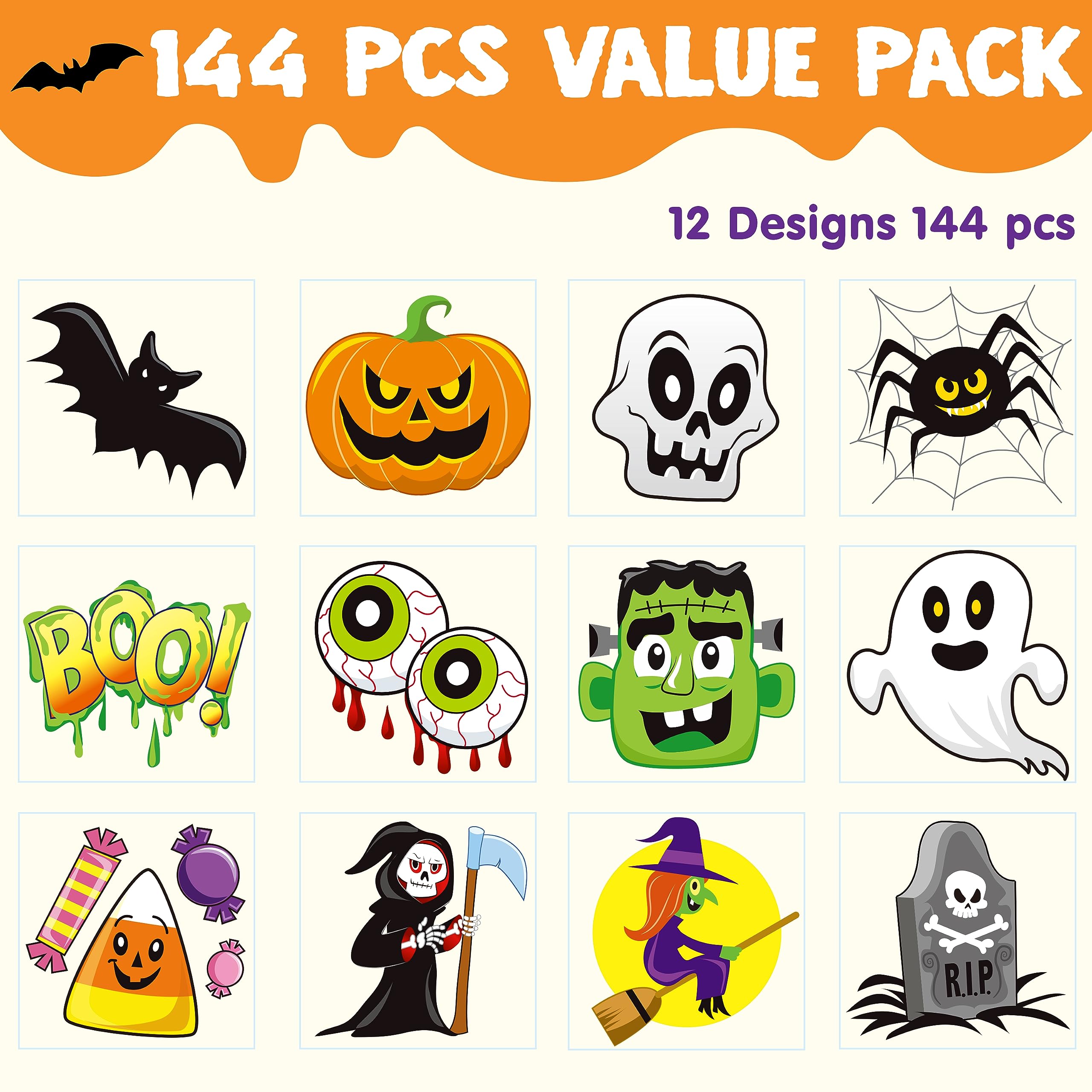 JOYIN 144 PCS Halloween Temporary Tattoos for Kids, 12 Designs Bulk Fake Tattoos Stickers for Halloween Party Favors Decorations, Supplies Trick or Treat Game Gifts Goodie Bags, Class Game Prizes