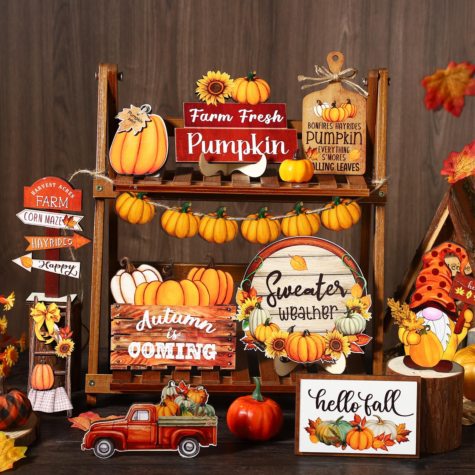 16 Pcs Fall Tiered Tray Decor Pumpkin Gnome Truck Wooden Signs Fall Table Decorations Centerpieces Farmhouse Thanksgiving Decor for Home Autumn Harvest Table Shelf Decor