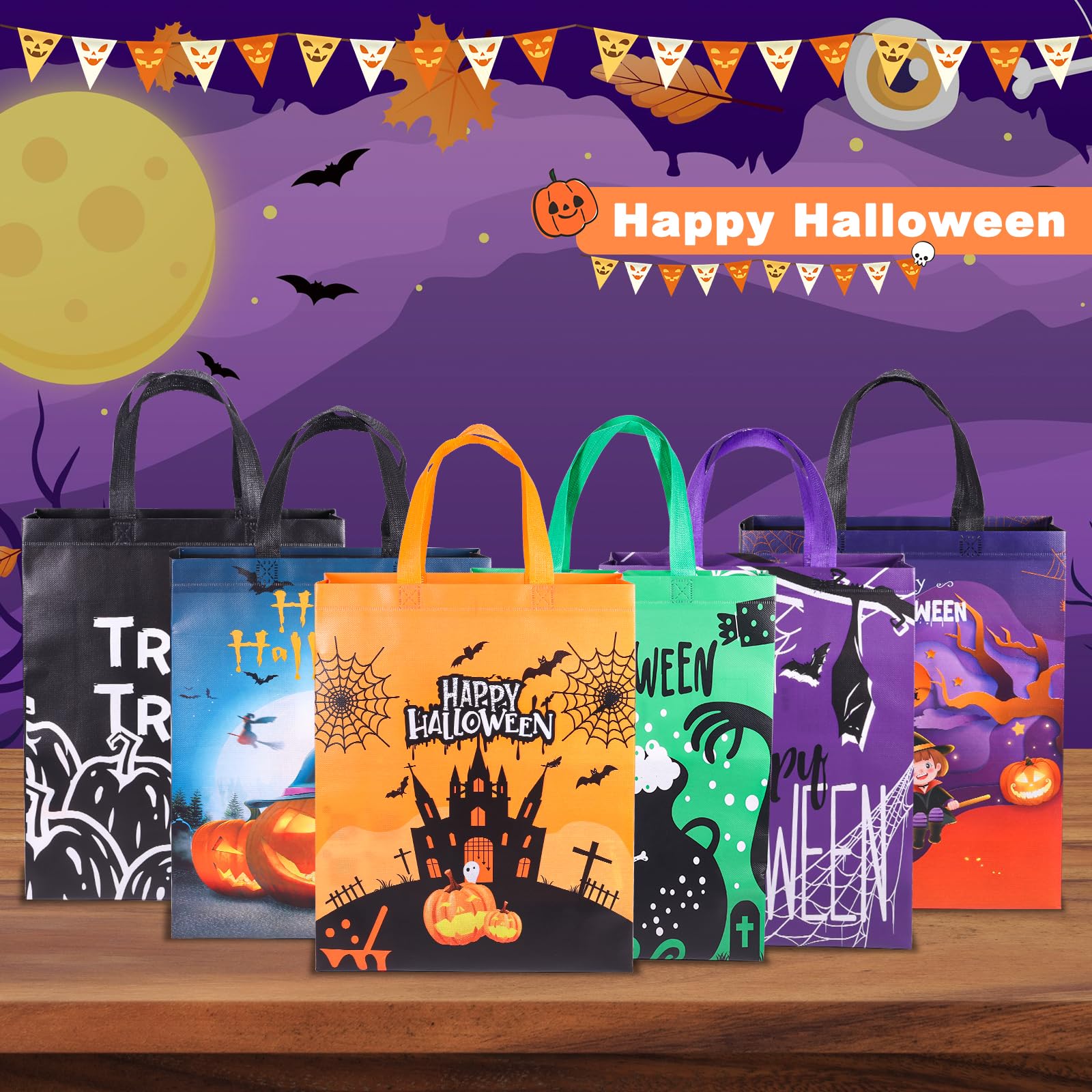 emzrivo 6PCS Halloween Trick or Treat Bags Halloween Large Gift Bag Halloween Tote Bags with Handles, Halloween Non-Woven Bags for Trick or Treat, Halloween Party Supplies, 15×11.8×3.9”