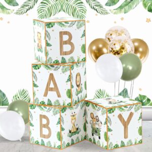 Safari Baby Boxes for Baby Shower Decorations - 4pcs Sage Green Woodland Animal Balloon Boxes ，Safari Baby Shower Decorations for Boy Jungle Birthday Party， Wild One Party Backdrop Decor Supplies