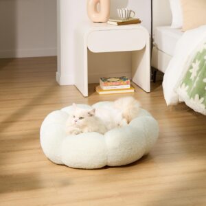 Lesure Calming Cat Beds for Indoor Cats - Cute Flower Pet Beds in Teddy Sherpa Plush, Donut Round Fluffy Puppy Bed, Non-Slip Extra Small Dog Bed Fits up to 15 lbs, Machine Washable, Cream 20"