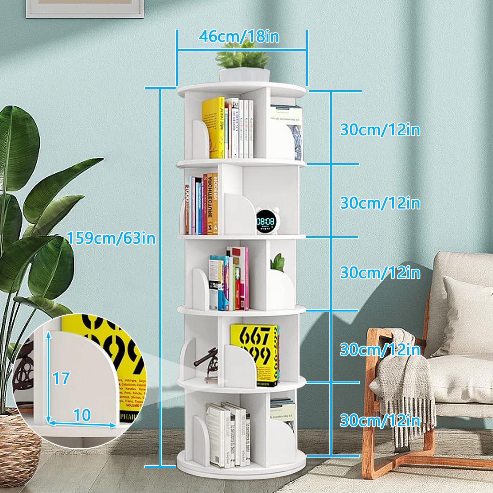 Rotating Bookshelf Tower, 360 Display 5 Tier Floor Standing Bookcase Storage Rack for Kids&Adults, Corner Bookshelf for Small Space, Book Shelf Rotating Bookcase for Bedroom, Living Room, Study