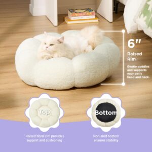 Lesure Calming Cat Beds for Indoor Cats - Cute Flower Pet Beds in Teddy Sherpa Plush, Donut Round Fluffy Puppy Bed, Non-Slip Extra Small Dog Bed Fits up to 15 lbs, Machine Washable, Cream 20"