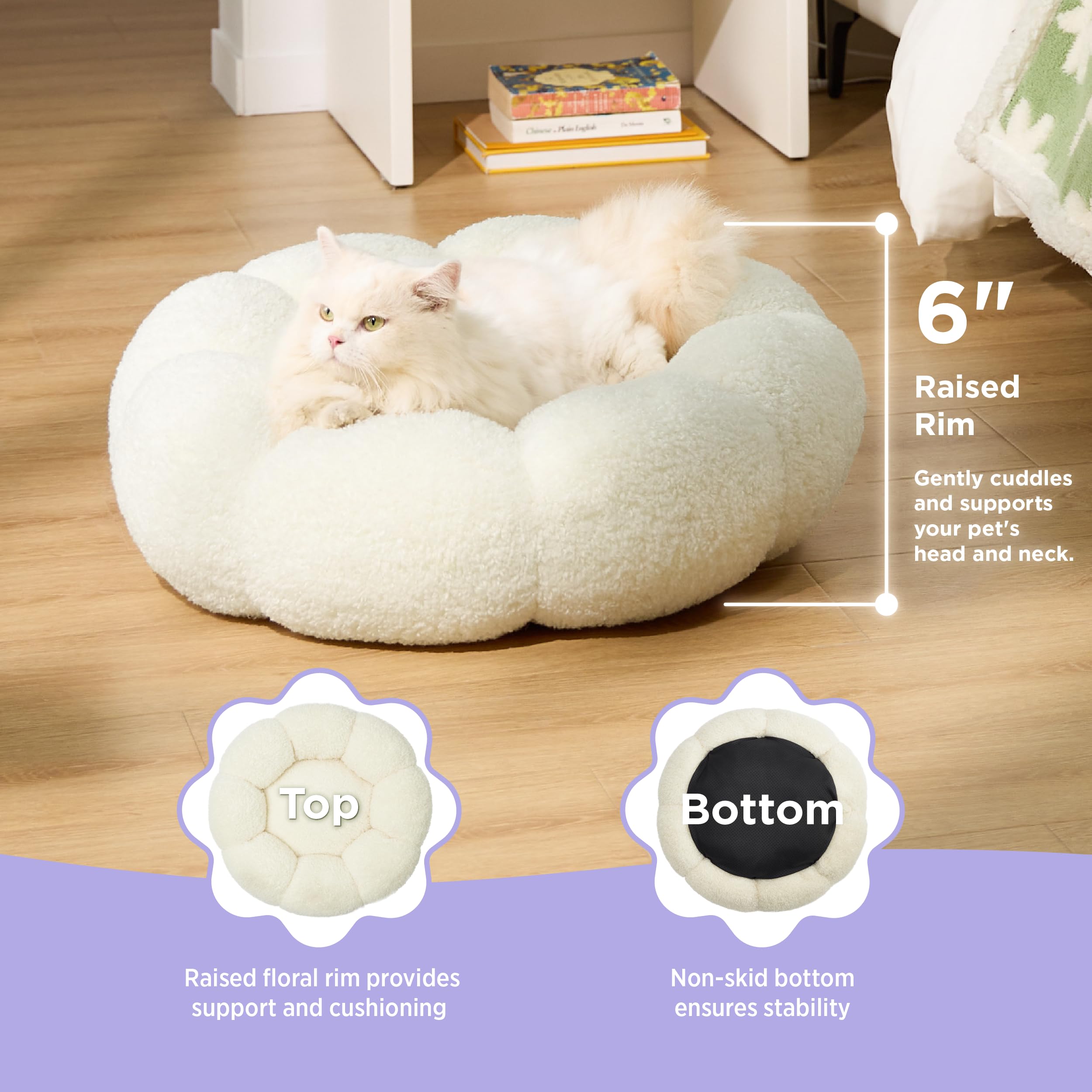 Lesure Calming Cat Beds for Indoor Cats - Cute Flower Pet Beds in Teddy Sherpa Plush, Donut Round Fluffy Puppy Bed, Non-Slip Extra Small Dog Bed Fits up to 15 lbs, Machine Washable, Cream 20"