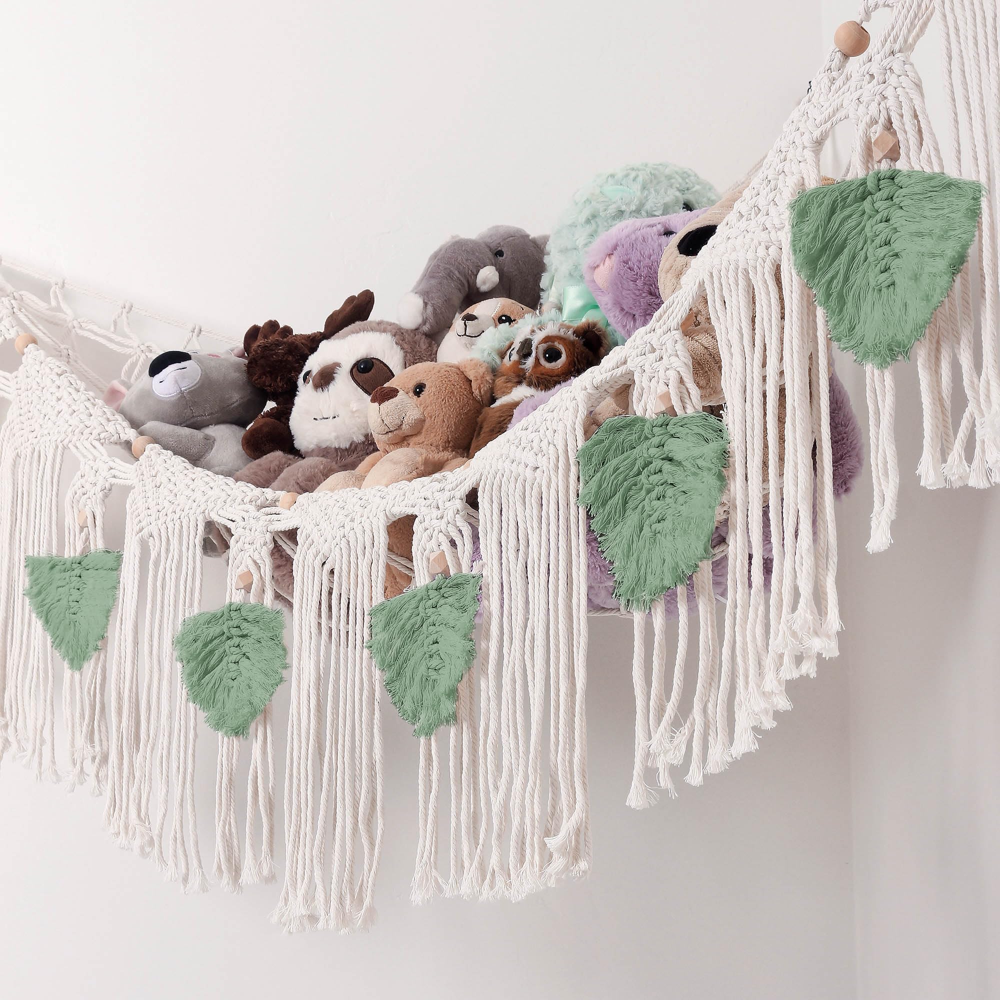 Morxy Stuffed Animal Net or Hammock - Boho Macrame Toy Hammock for Stuffed Animals - Strong Hand Woven Stuffed Animal Hammock - Easy to Install Toy Net Hammock for Stuffed Animals -Large Green