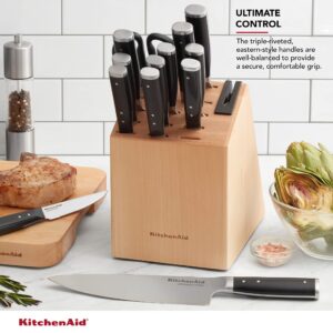 KitchenAid Gourmet Forged Triple Rivet Knife Block Set with Built-in Knife Sharpener, High Carbon Japanese Stainless Steel Kitchen Knives, Sharp Kitchen Knife Set with Block, Birchwood,14-Piece, Black