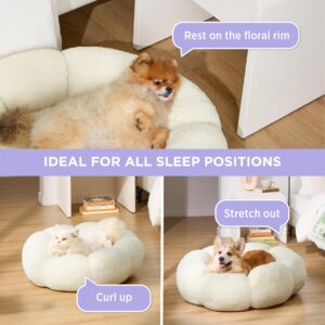 Lesure Calming Cat Beds for Indoor Cats - Cute Flower Pet Beds in Teddy Sherpa Plush, Donut Round Fluffy Puppy Bed, Non-Slip Extra Small Dog Bed Fits up to 15 lbs, Machine Washable, Cream 20"