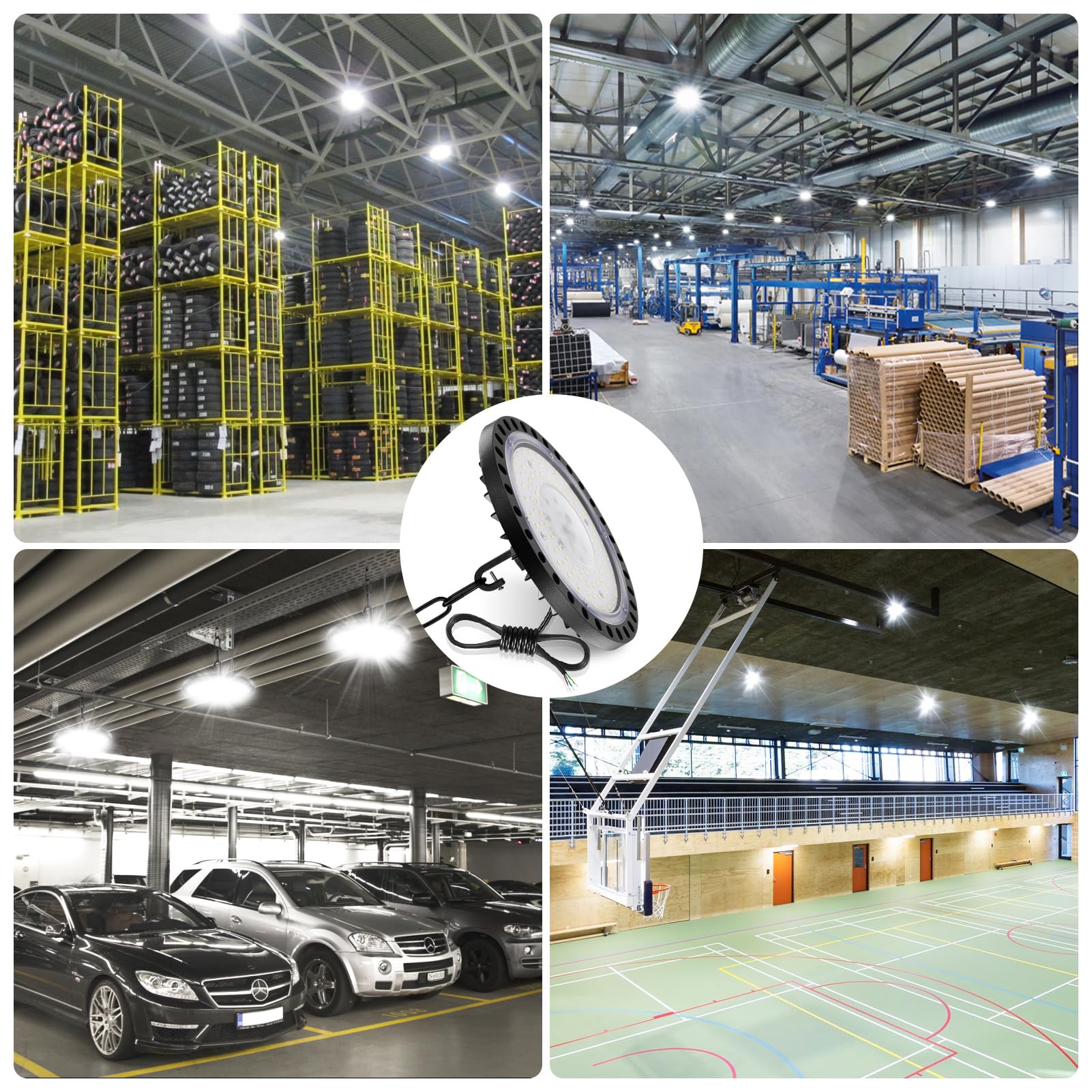 Ankishi 6 Pack 100w 10000lm UFO High Bay Led Shop Lights for Workshop 5000k IP65 Commercial Bay Lighting with US Hook/1.64ft Hanging Chain /3.28ft Safety Rope/1.64ft Cable for Garage Gym Factory