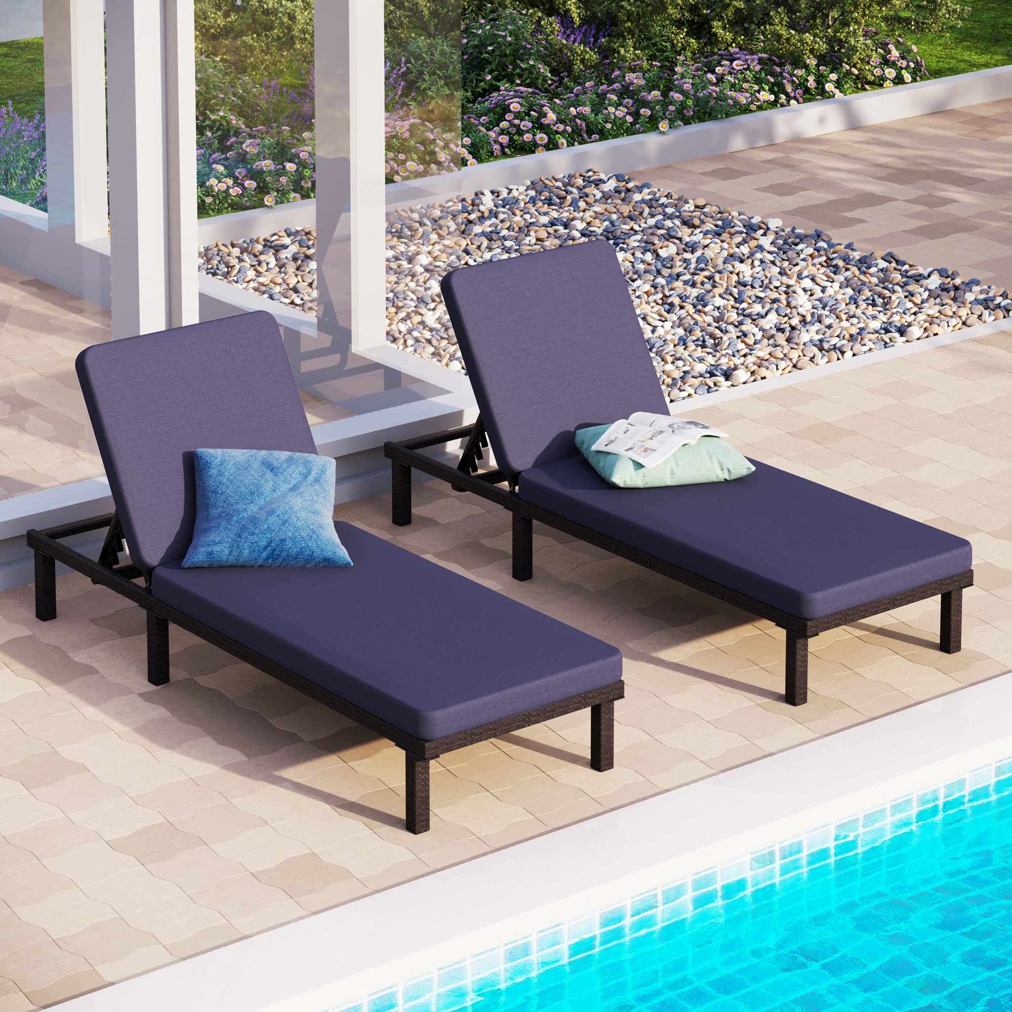 PHI VILLA Outdoor Furniture Patio Chaise Lounge Chair Set of 2 Piece Adjustable Wicker Loungers for Outside Deck