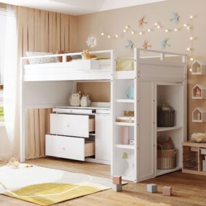 merax loft bed twin size with desk, super storage space with drawers & cabinet (movable design), white