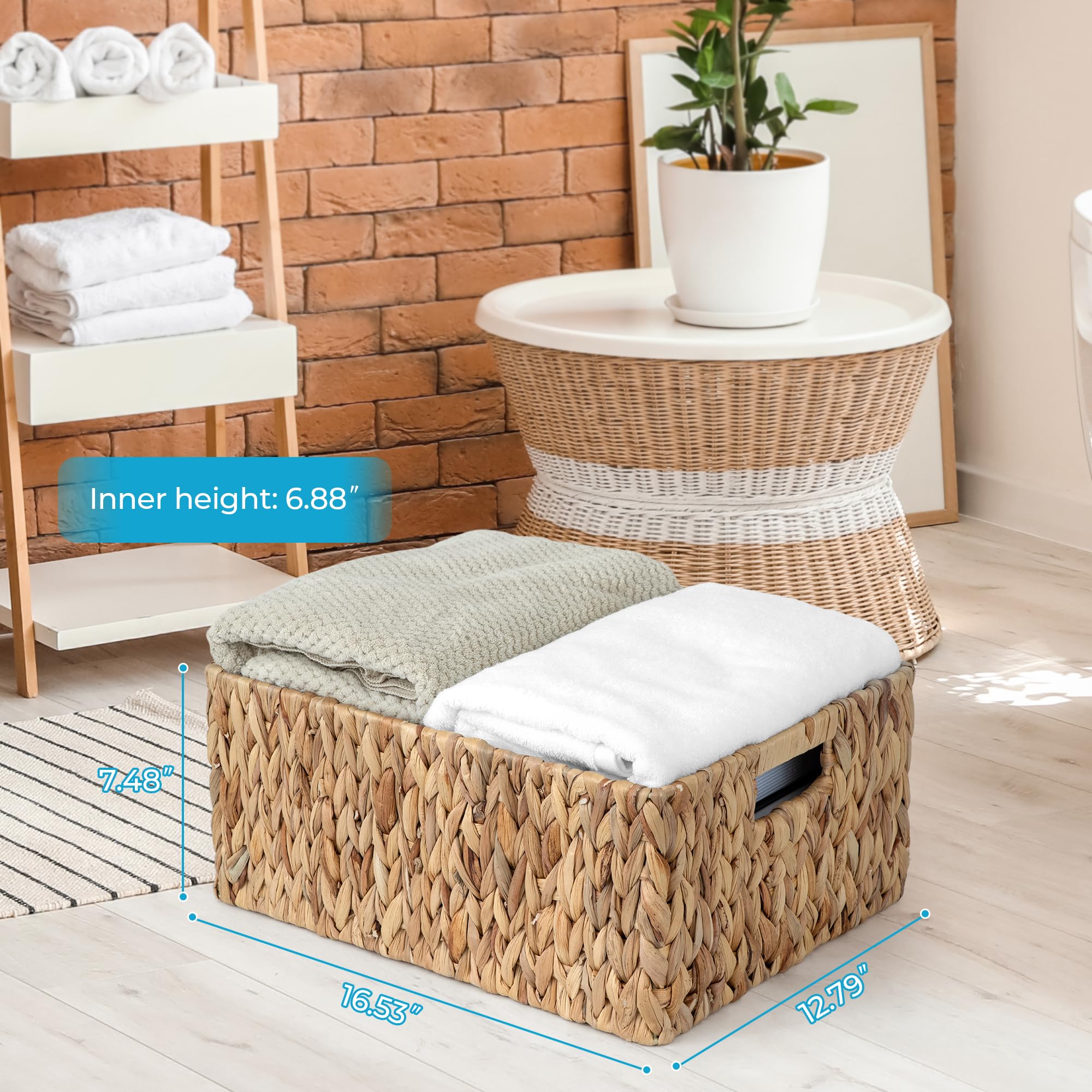 JS HOME Jumbo Wicker Basket for Orgainzing, Extra Large Rectangular Water Hyacinth Storage Wicker Shelf Basket with Built-in Handles, 1 Pack