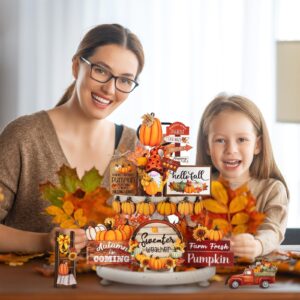 16 Pcs Fall Tiered Tray Decor Pumpkin Gnome Truck Wooden Signs Fall Table Decorations Centerpieces Farmhouse Thanksgiving Decor for Home Autumn Harvest Table Shelf Decor