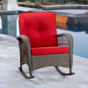 MeetLeisure Patio Wicker Rocking Chair - All-Weather Outdoor Rocker Chair with Safe Rocking Design and Premium Fabric Cushions (Mixed Grey/Red)