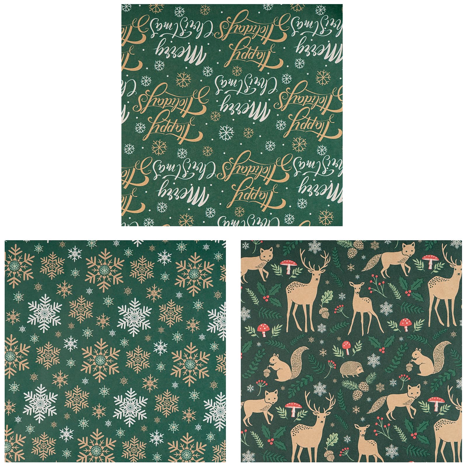 RUSPEPA Christmas Animals Wrapping Paper Rolls - 17 inches x 10 feet per Roll, Total of 3 Rolls - Green Design