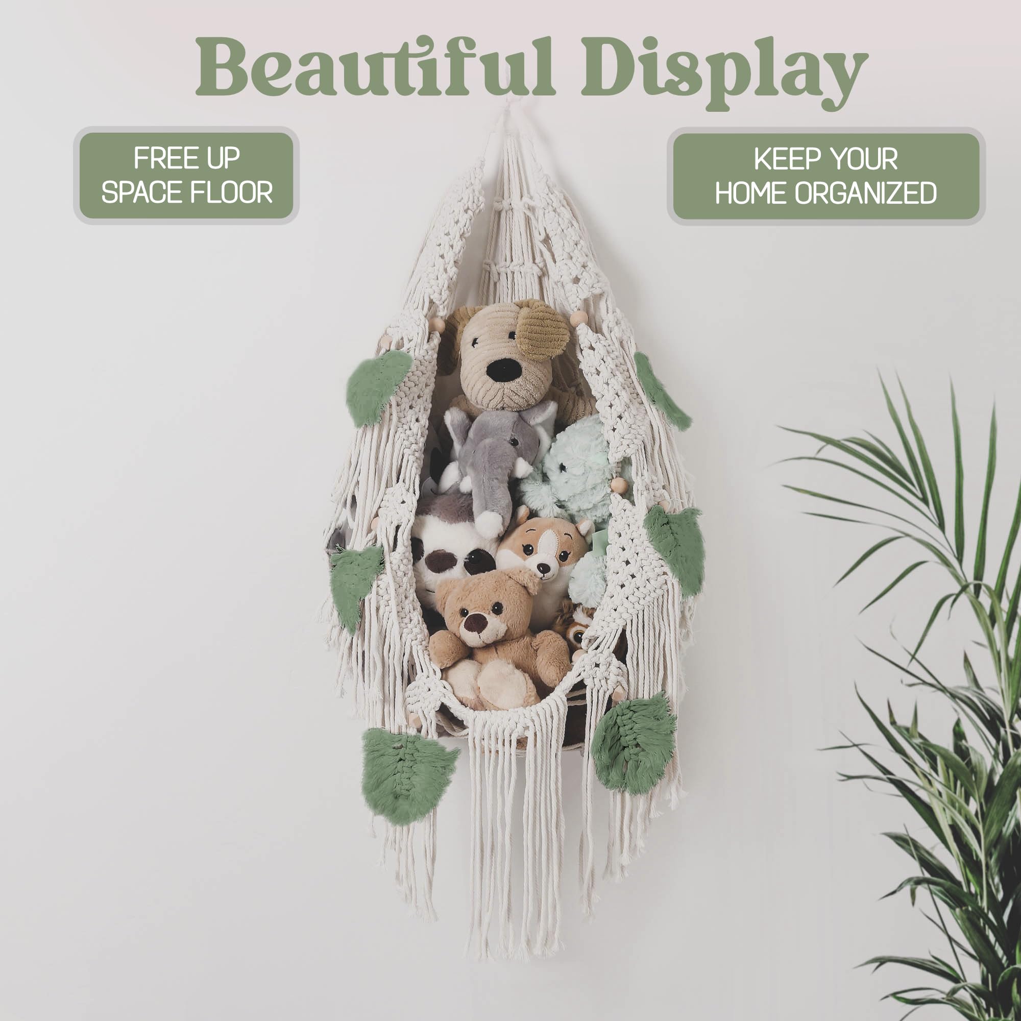 Morxy Stuffed Animal Net or Hammock - Boho Macrame Toy Hammock for Stuffed Animals - Strong Hand Woven Stuffed Animal Hammock - Easy to Install Toy Net Hammock for Stuffed Animals -Large Green