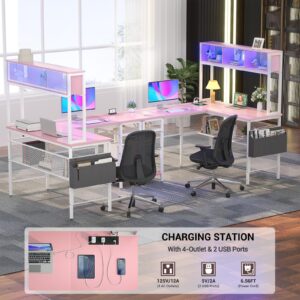 Unikito L Shaped Computer Desk with LED Strip and Power Outlets, Reversible L-Shaped Corner Desk with Storage Shelves and Bag, Industrial Home Office Desk Gaming Table with USB Port, Pink