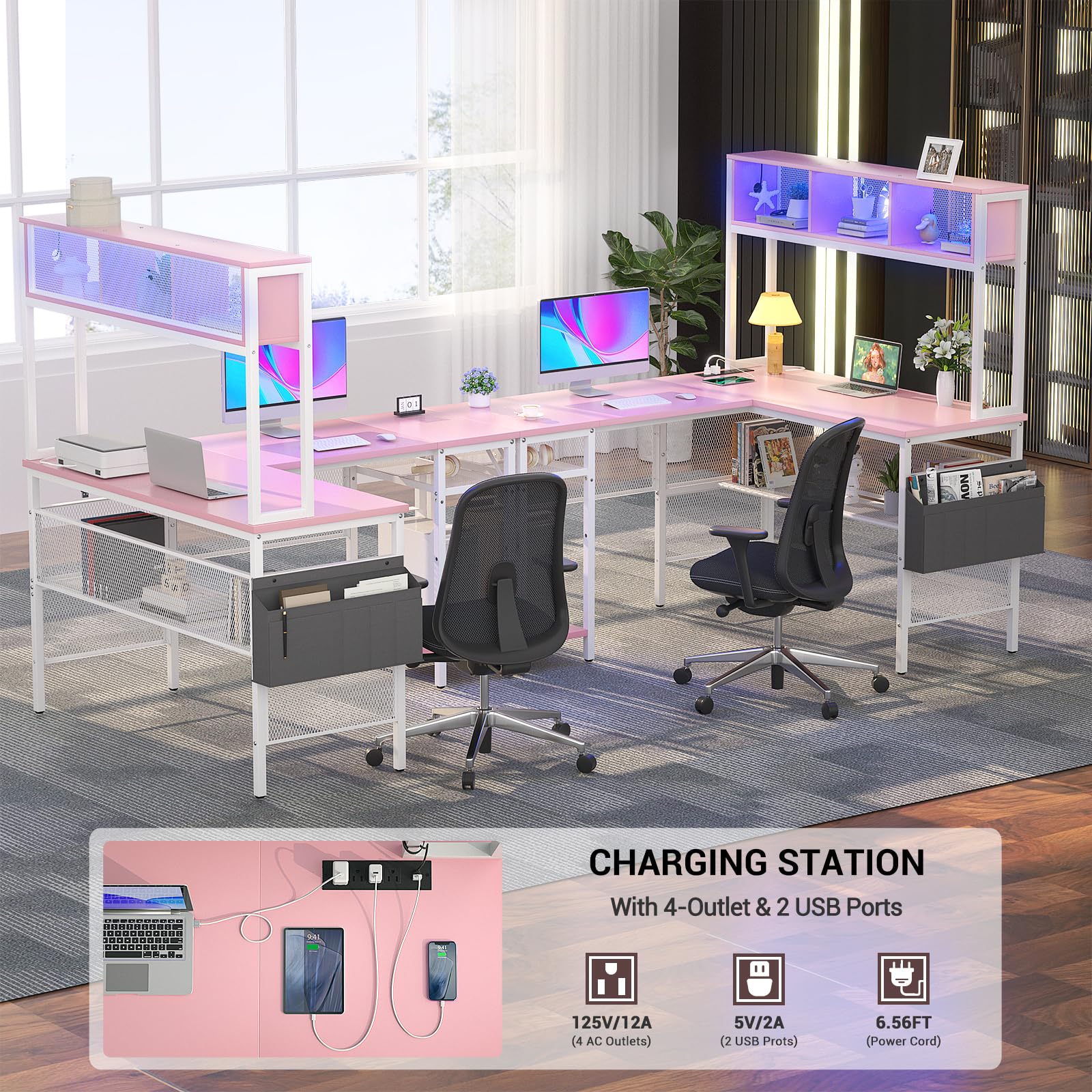 Unikito L Shaped Computer Desk with LED Strip and Power Outlets, Reversible L-Shaped Corner Desk with Storage Shelves and Bag, Industrial Home Office Desk Gaming Table with USB Port, Pink