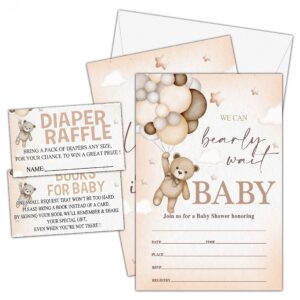 tiofuno set of 25 baby shower invitations, balloon bear gender reveal party invites with envelopes, book request cards, diaper raffle tickets for party decorations supplies - b12