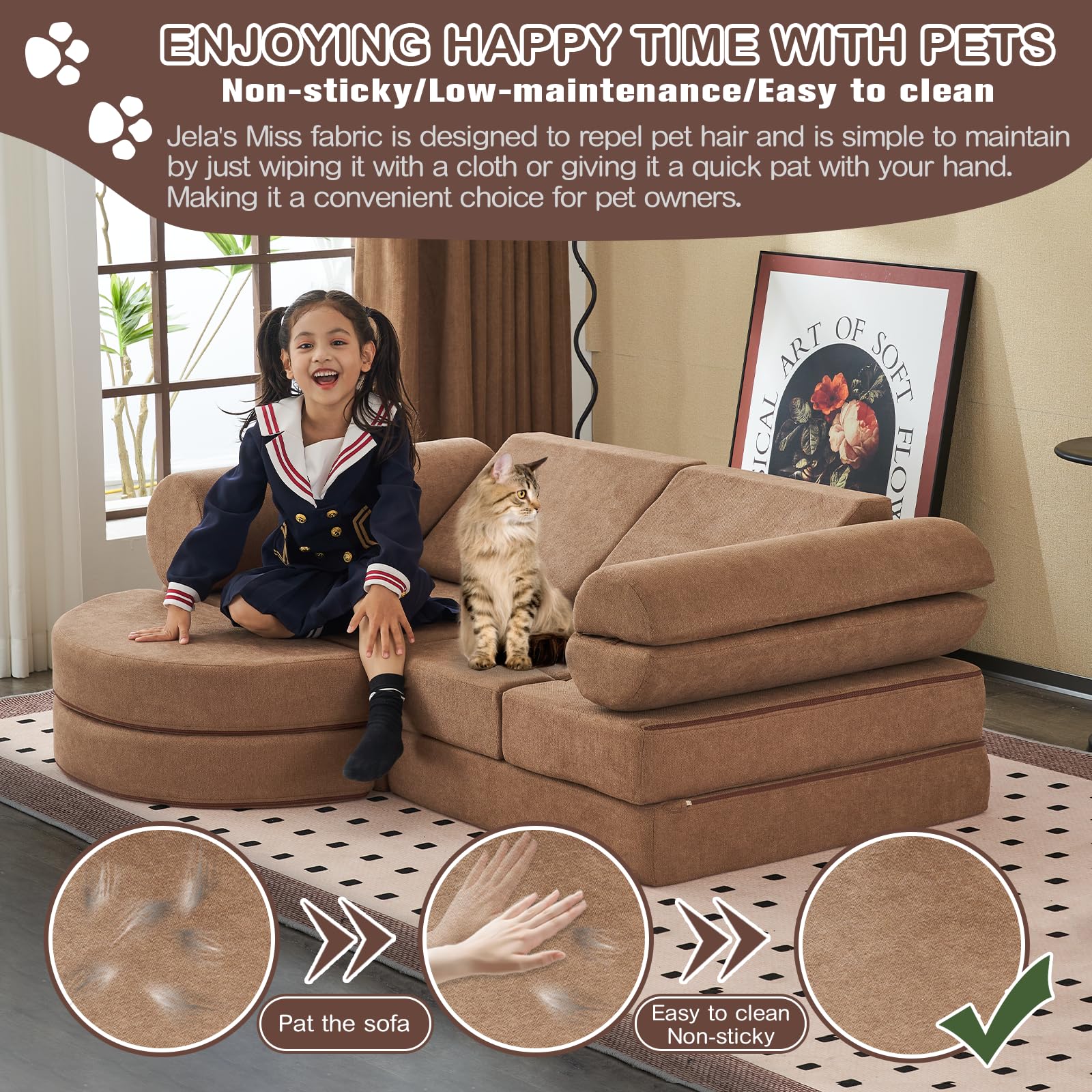 jela Kids Couch 14PCS Luxury, Floor Couch Floor Sofa Modular Furniture for Adults, Playhouse Play Set for Toddlers Babies, Modular Foam Play Couch, Modular Sectional Sofa (Coffee, 57"x28"x18")