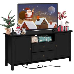 yaheetech black tv stand with drawers for tvs up to 65 inch, media entertainment center with power outlet & storage space, modern elegant tv console for bedroom & living room