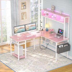 Unikito L Shaped Computer Desk with LED Strip and Power Outlets, Reversible L-Shaped Corner Desk with Storage Shelves and Bag, Industrial Home Office Desk Gaming Table with USB Port, Pink