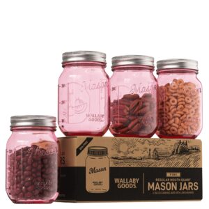 wallaby 16oz regular mouth pink mason jars with lid & seal bands - airtight glass container for canning, pickling, food storage, candles, home decor, overnight oats, fruit, jam, jelly or diy (4-pack)