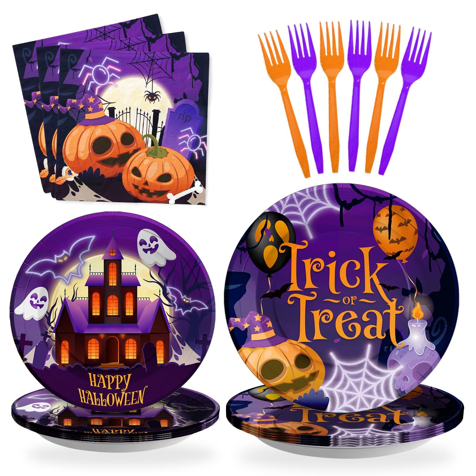 SCIONE 96 Pcs Halloween Party Supplies, Purple Halloween Plates and Napkins Trick Or Treat Tableware Set, Happy Halloween Holiday Pumpkin Ghost Dinnerware Party Decorations Serve 24 Guests