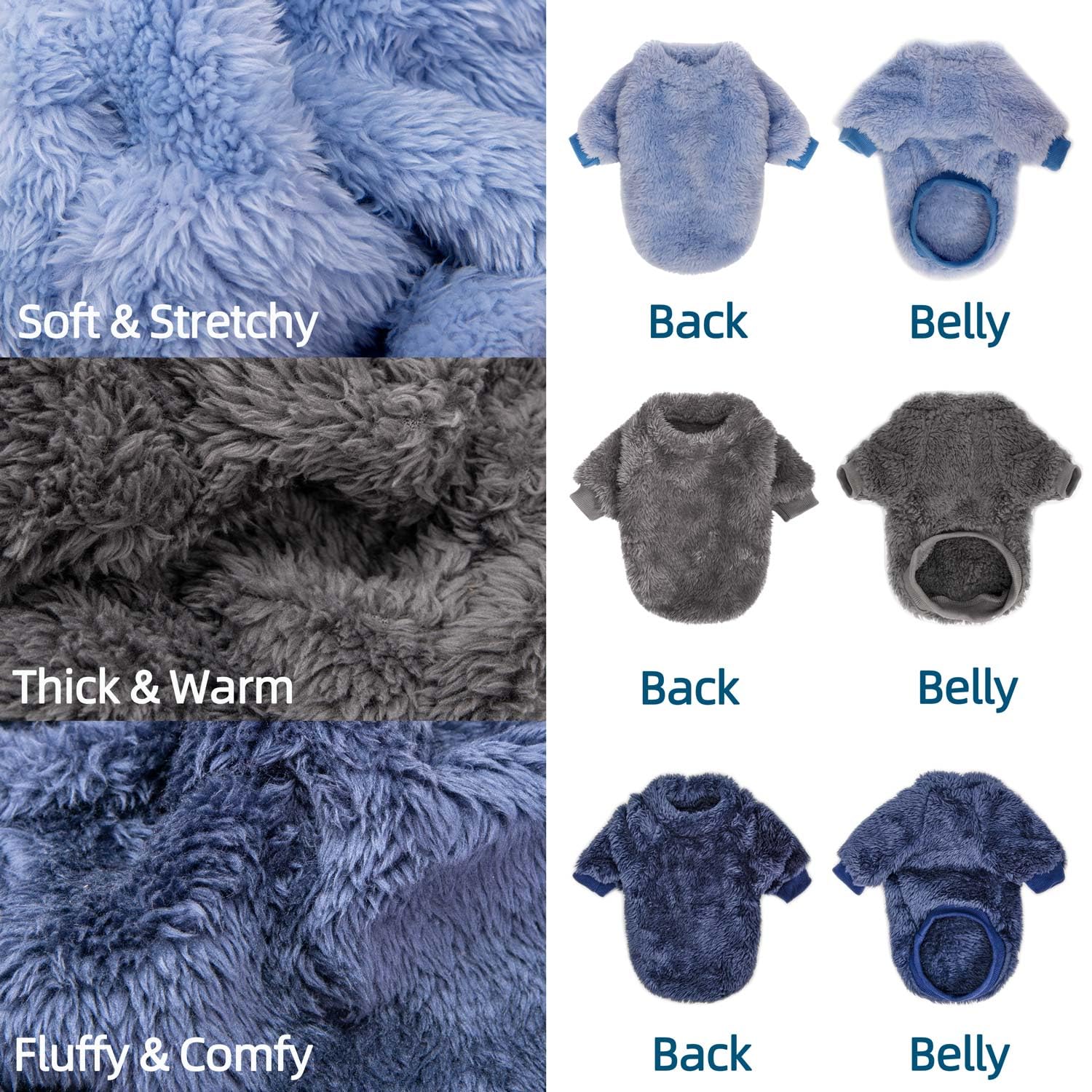 Pack of 3 Dog Sweater Clothes for Small Dogs Boy and Girl Dog Sweaters XS Dog Coat Puppy Cat Apparel Winter Clothes Velvet Sweatshirt (X-Small, SkyBlue,Navy,Darkgrey)