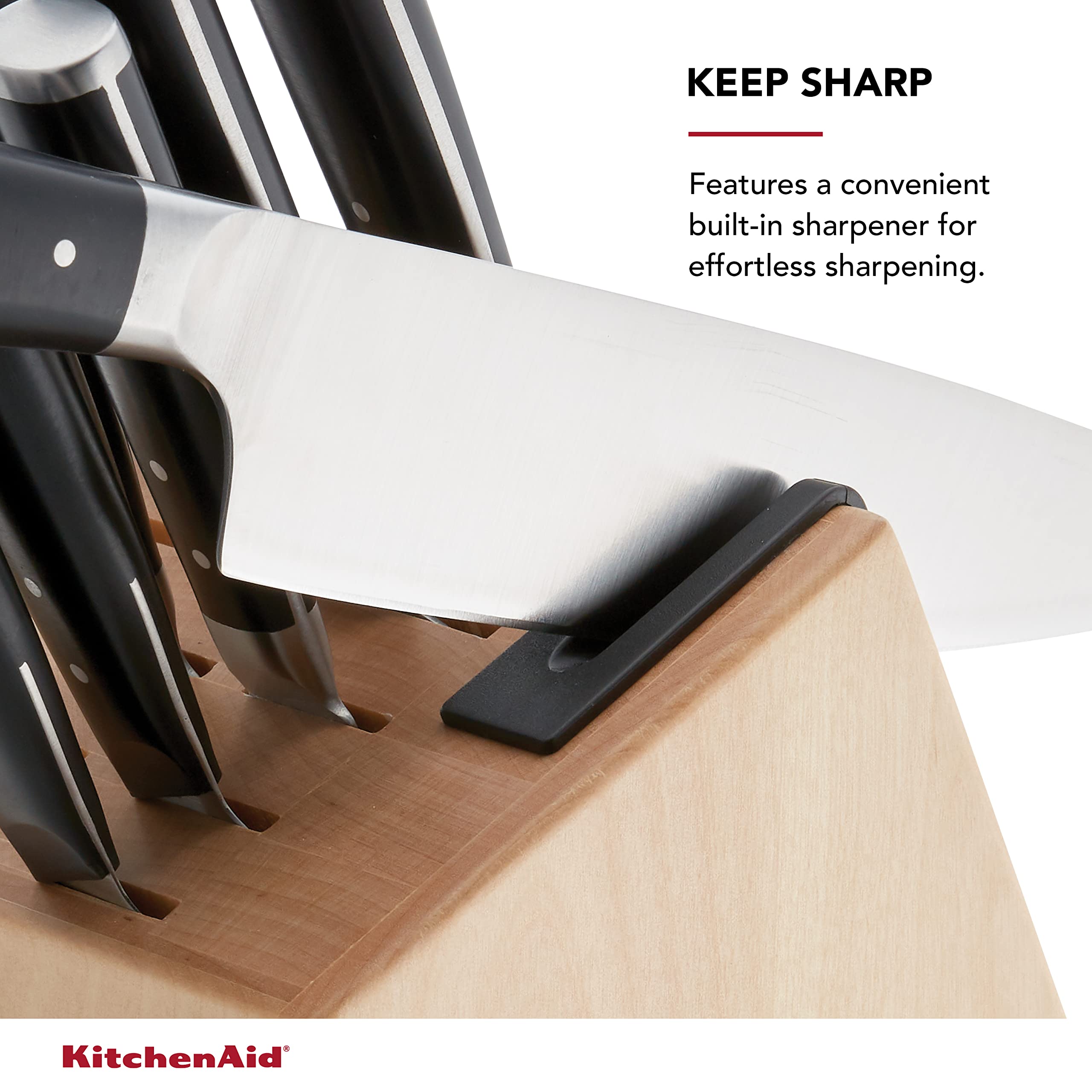 KitchenAid Gourmet Forged Triple Rivet Knife Block Set with Built-in Knife Sharpener, High Carbon Japanese Stainless Steel Kitchen Knives, Sharp Kitchen Knife Set with Block, Birchwood,14-Piece, Black