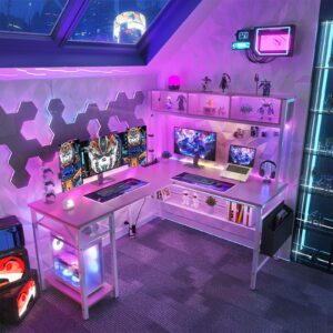 Unikito L Shaped Computer Desk with LED Strip and Power Outlets, Reversible L-Shaped Corner Desk with Storage Shelves and Bag, Industrial Home Office Desk Gaming Table with USB Port, Pink