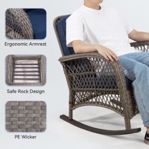 MeetLeisure Patio Wicker Rocking Chair Set of 2 - All-Weather Outdoor Rocker Chair Two Pieces with Safe Rocking Design and Premium Fabric Cushions (Mixed Grey/Blue)