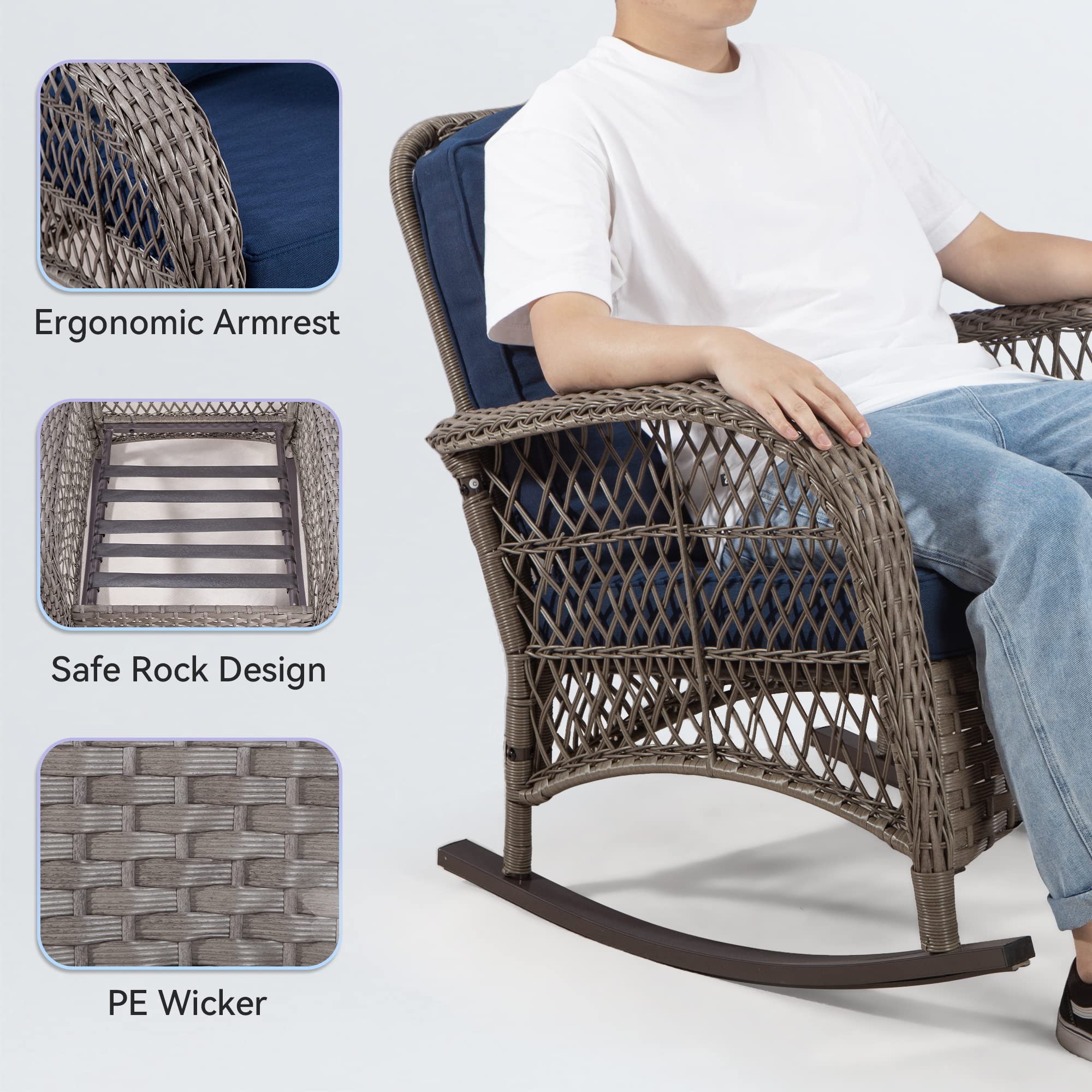 MeetLeisure Patio Wicker Rocking Chair - All-Weather Outdoor Rocker Chair with Safe Rocking Design and Premium Fabric Cushions (Mixed Grey/Blue)