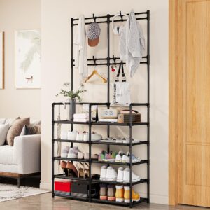 UDEAR 5-Tier Coat and Shoe Rack, Entryway Coat Rack with 8 Hooks, Double Row Shoes Organizer for Living Room, Bedroom, Office, Black