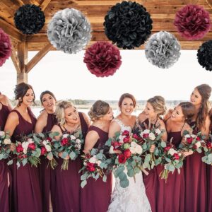 9PCS Maroon Burgundy Black Silver Tissue Paper Flowers Hanging Pom Poms Wall Backdrop Streamers for Graduation Bridal Wedding Shower Bachelorette Retirement Party Décor