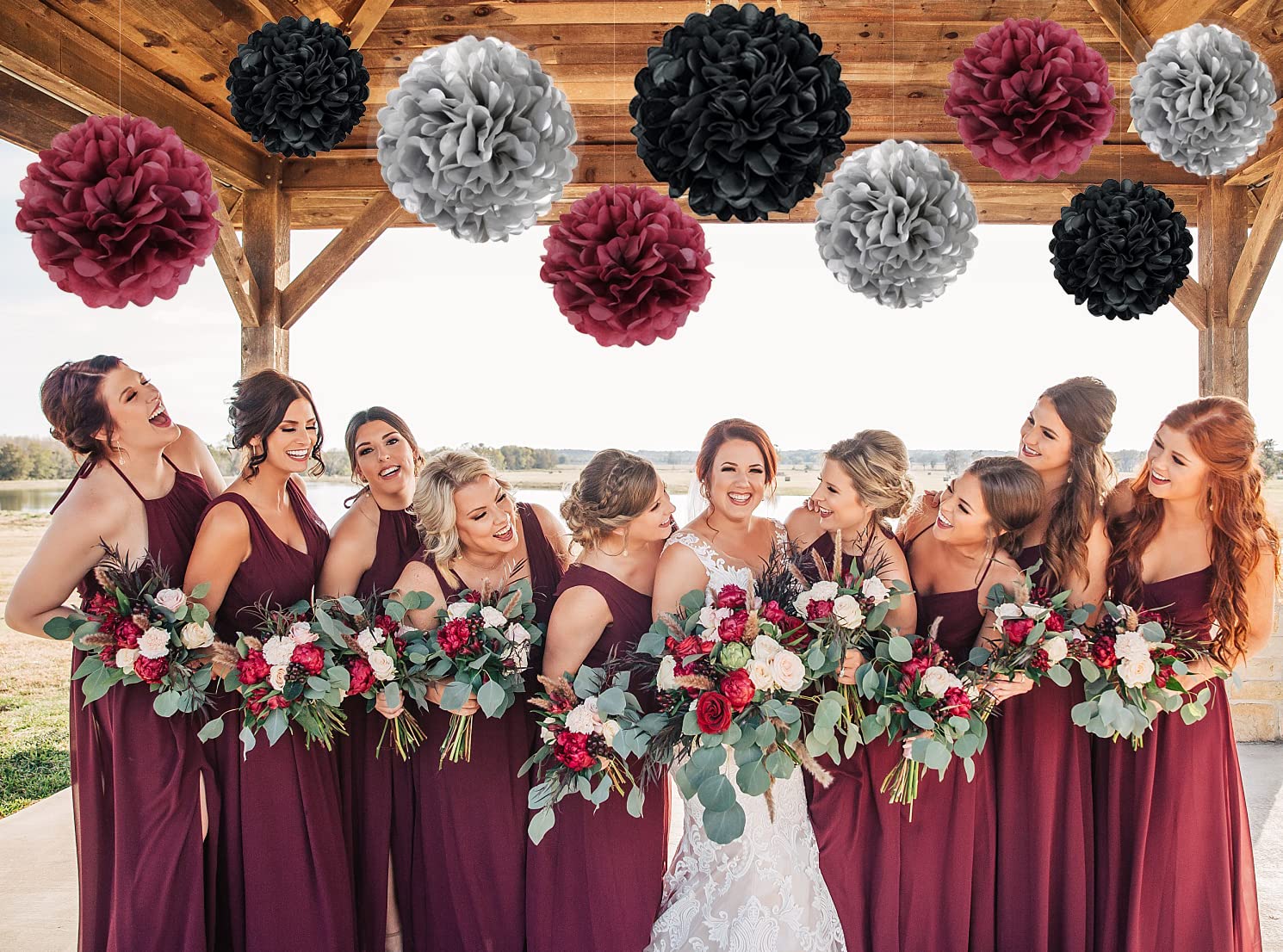 9PCS Maroon Burgundy Black Silver Tissue Paper Flowers Hanging Pom Poms Wall Backdrop Streamers for Graduation Bridal Wedding Shower Bachelorette Retirement Party Décor