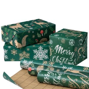 ruspepa christmas animals wrapping paper rolls - 17 inches x 10 feet per roll, total of 3 rolls - green design