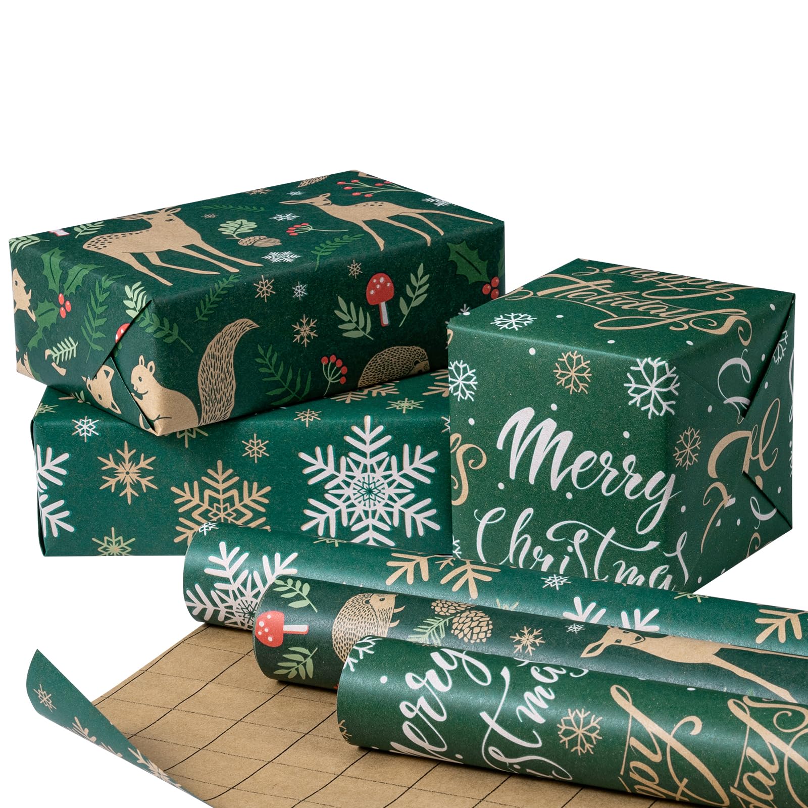 RUSPEPA Christmas Animals Wrapping Paper Rolls - 17 inches x 10 feet per Roll, Total of 3 Rolls - Green Design