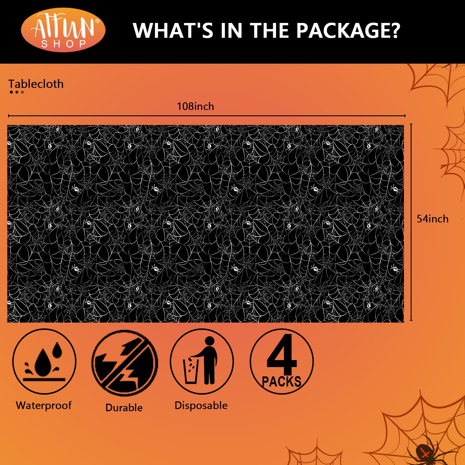 ATFUNSHOP Halloween Tablecloth Plastic 4PACKS 54 X 108 Rectangular Black Spider Web Disposable Table Cover Waterproof Spillproof Table Cloth