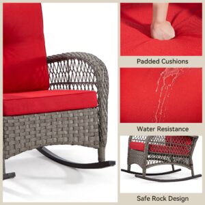 MeetLeisure Patio Wicker Rocking Chair - All-Weather Outdoor Rocker Chair with Safe Rocking Design and Premium Fabric Cushions (Mixed Grey/Red)