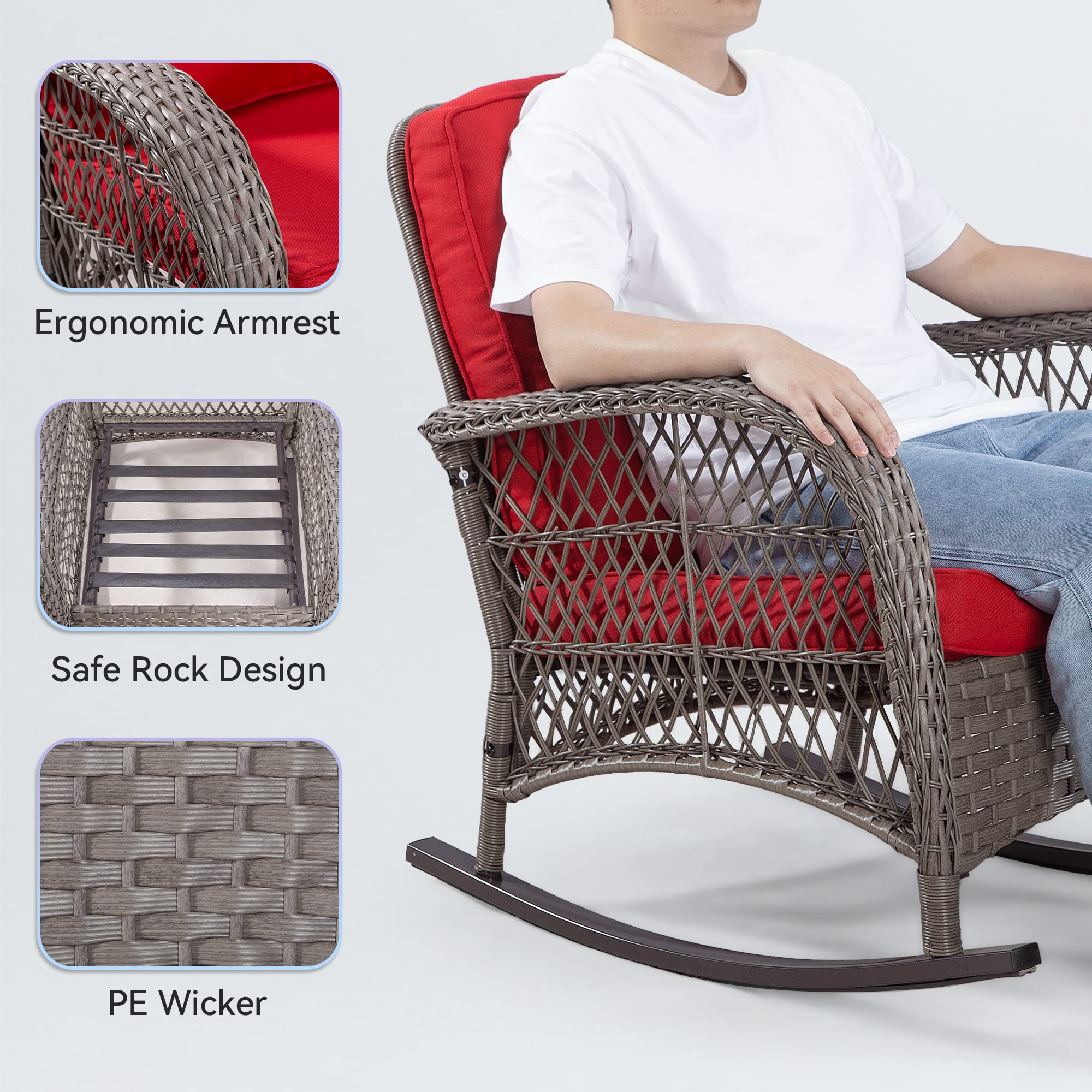 MeetLeisure Patio Wicker Rocking Chair - All-Weather Outdoor Rocker Chair with Safe Rocking Design and Premium Fabric Cushions (Mixed Grey/Red)